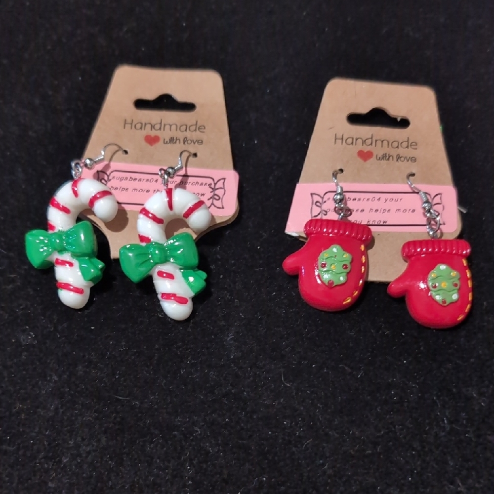 Festive Candy Cane and Mitten Earrings Set